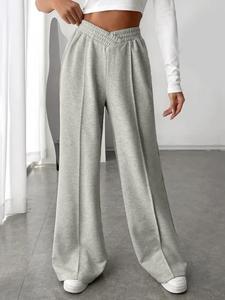 Plus Size Women's Solid Wide Leg Sports Pants, Comfortable All Seasons Fitted Casual Trousers, Stylish Knit Fabric for Activewear, Lady Athleisure Style Pants