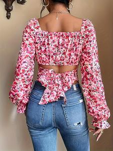Women's Ditsy Floral Print Knot Back Flounce Sleeve Crop Blouse, Boho Fashion Casual Square Neck Long Sleeve Top for Daily Holiday Vacation Wear, Women Clothing for Fall & Winter