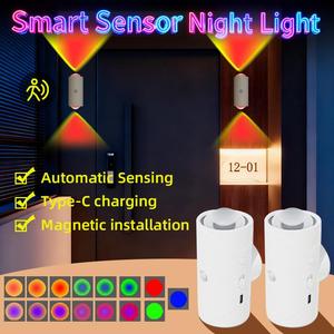 Rechargeable LED night light with motion sensor for bedroom, RGB color gradient ambient lighting, dimmable magnetic wall lights for entryway, bedside table, desk, and wardrobe, USB powered