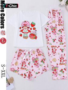 3 Piece Casual Strawberry Print Women's Pajama Set, Soft Short Sleeve Button-Up Top, Relaxed Fit Shorts and Pants, Stylish Sleepwear for Everyday and Festive Occasions