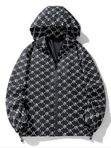 Men's All Over Print Drawstring Zip Up Detachable Hooded Jacket, Loose Casual Pocket Long Sleeve Outerwear for Spring & Fall, Fashion Men's Clothes for Daily Wear