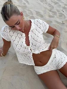 Women's Summer Crochet Mesh Hollow Out Beach Short Sleeve Knit Cardigan Set, Sexy Slim Fit Two-Piece Clubwear, Vacation Beach Outdoor Wear