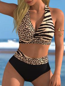 Trendy Leopard Print Bikini Set for Women, Stylish Contrast Color Swimwear, Elegant Slim Fit Swimsuit for Beach & Spa Vacations, Bikini Outfits