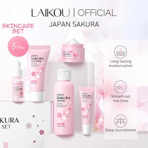 LAIKOU Sakura Infused Skincare Kit 5 Piece Set，Includes Facial Cleanser, Toner, Serum, Eye Cream & Moisturiser. Provides Long Lasting Hydration, Helps Reduce Fine Lines And Deeply Nourishes Skin. Both Men And Women.Skincare Gift Box Kit.