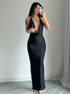 Women's Solid Backless Draped Tie Back Satin Dress, Fashion Halter Neck Sleeveless Long Bodycon Dress for Evening Party, Summer Outfits 2026, Ladies Summer Clothes