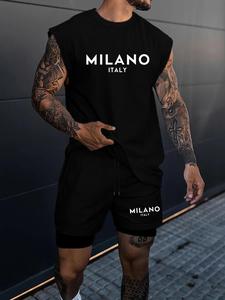 Men's Letter Print Tank Top & Shorts Set, Regular Fit Sleeveless Round Neck Top & Shorts, Casual Fashion Cozy Breathable Men Two-piece Outfits for All Seasons