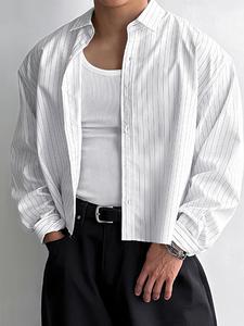 men's minimalist striped long sleeve shirt, casual relaxed fit lapel button front cropped top for all season, fashion men's clothes for daily wear, casual button collared top, button front longsleeves