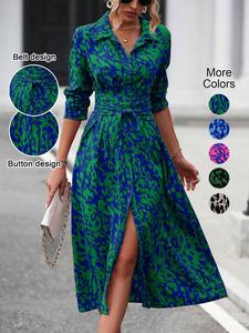 Women's All Over Print Button Front Split Thigh Shirt Dress, Boho Fashion Tie Front Long Sleeve Midi Dress for Daily Holiday Vacation Wear, Ladies Dress for Summer