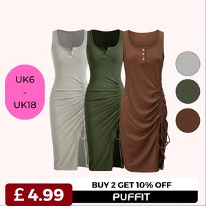 [Ships From UK] £5 Go.G.G U Neck Midi Dress Drawstring Side-Slit Sexy Design Front Button Sleeveless Sheath Summer Holiday Women Dress