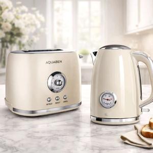 Aquaben Retro Style Kettle 1.7L & 2 Slice Toaster Stainless Steel Set Cream Finish Kitchen Appliance