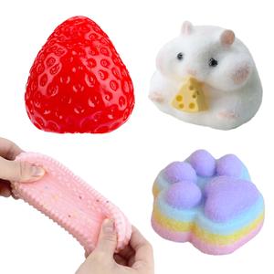 4Pcs Taba Squishy Set - Paw+Cookie+Strawberry+ Fluffy Hamster, Fufu Squishy Squeeze Toy Squishes Kit for Sensory Play Fidget Gifts for Adults