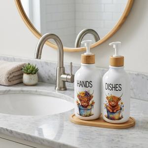 2Pcs Highland Cow Soap Dispenser withTray Farmhouse Cow Floral Plastic Dispenser with Pump Refillable Liquid Soap Container Dish Soap Dispenser for Bathroom Kitchen Countertop Decor
