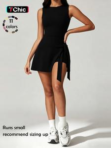 Sporty Women's Solid Color 2-IN-1 Tie Front Wrap Sports Dress, Sport Sleeveless Round Neck Short Dress for Tennis Gym Workout, Ladies Sportswear for All Seasons