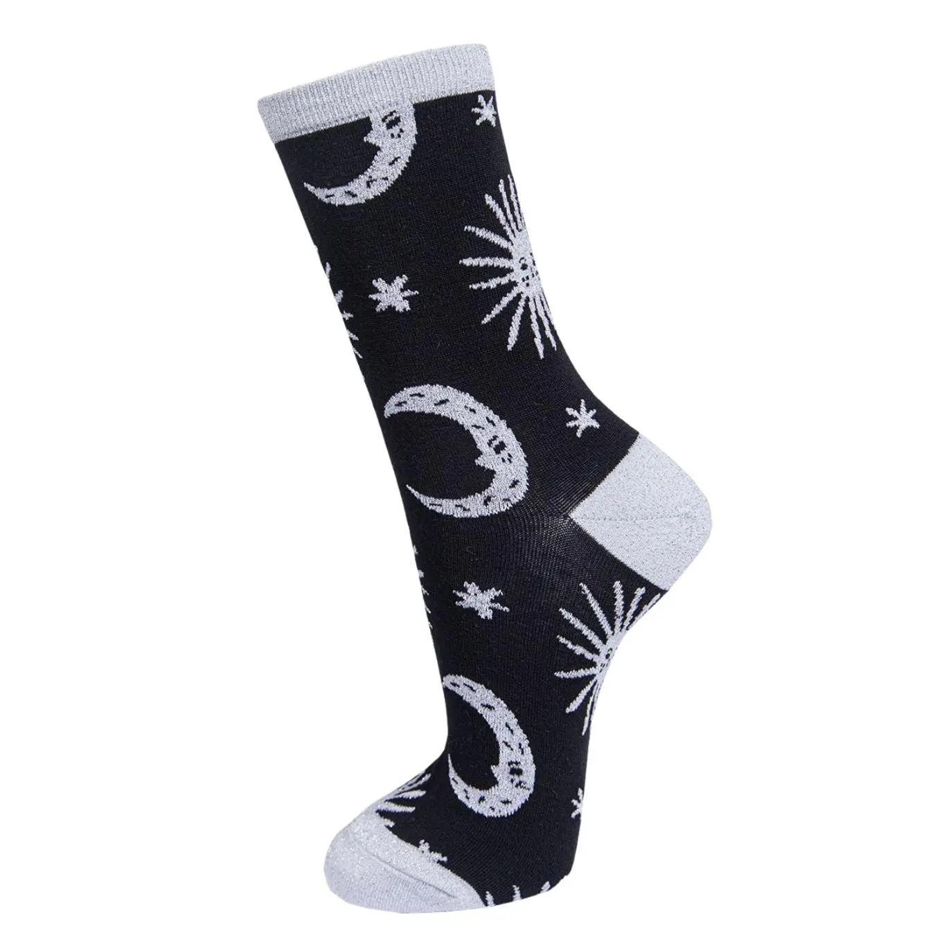 Womens Black Glitter Socks Silver Moon Star Sparkly Ankle Sock