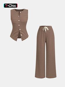 2 Piece Women's Striped Sleeveless Top and Wide Leg Pants Set, Casual and Comfortable Cami Top Set for Spring and Summer