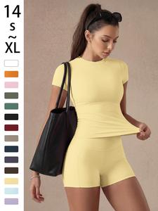 Women's Solid Color Set, Basic Versatile T-Shirt Top, Fashion Multi-Purpose Slimming Hip-Lifting Gym Shorts, Yoga Fitness Gym