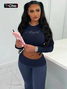 Pantsuit Two-piece Set, Stretchy Outfit Sets, Women's Rhinestone Letter Long Sleeve T-shirt Top & Colorblock Flared Leg Pants Sets, Slim Fit Round Neck Pullover Crop Top & Long Pants Trousers Suit, Club Date Casual Outfits For Ladies Fall Winter Clothes