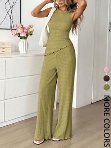 Women's Casual Two-Piece Set, Round Neck Ruffle Top + Flowy Wide Leg Pants, Slim-Fitting Fashion Suit, Plain Pattern Outer Vest