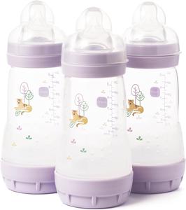 Easy Start Anti-Colic Baby Bottles | 3 Pack (3 x 260) | Self-Sterilising Baby Milk Bottle | Medium Flow MAM Teats Size 2 | Newborn Essentials | Purple