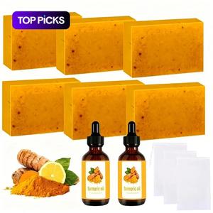 Turmeric Soap & Essential Oil Set, Including 6 Counts Turmeric Soap & 2 Counts Essential Oil & 3 Counts Soap Saver, Daily Skin Care Set for Men & Women, Turmeric Brightening Bar #TOP PICKS