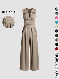Women's Plain Ruched Deep V Neck Wide Leg Jumpsuit, Casual Sleeveless Ribbed Jumpsuit for Daily Wear, Ladies Clothes for All Seasons, Back To School Supplies,  Ibiza 2024 Outfits