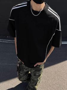 Men's Striped Trim Short Sleeve Tee, Loose Casual Fashion Round Neck T-shirt for Summer, Men's Top for Daily Wear, Tropical