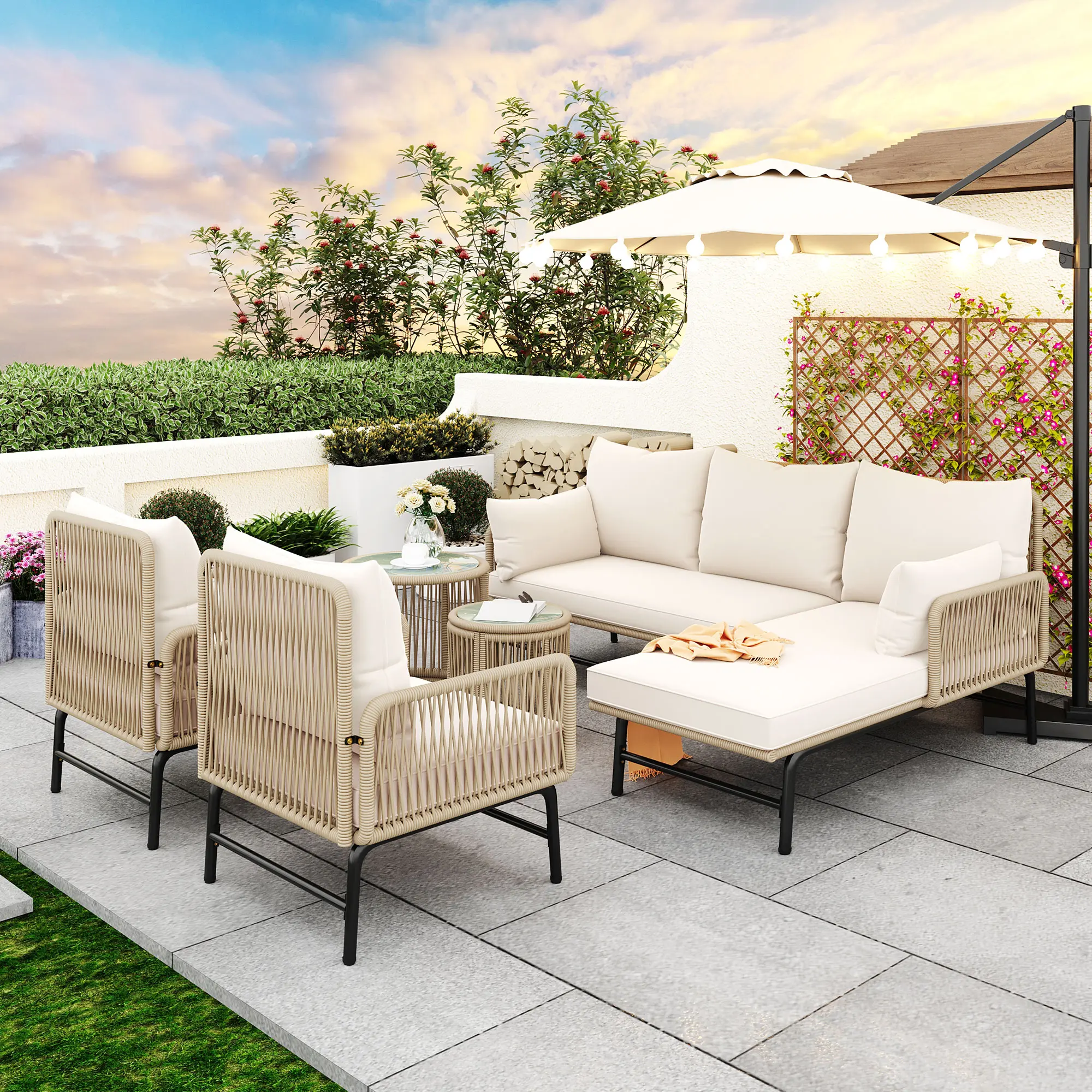 Garden lounge sofa set, outdoor furniture set, iron frame and beige rope weave, beige, two armchairs, two two-seater sofa and two round tables (all cushions included)