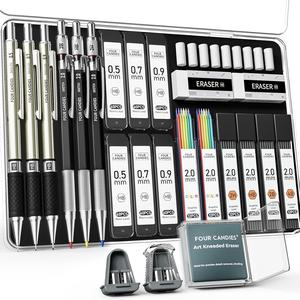Four Candies 25-Piece Art Mechanical Pencil Set (with storage case) includes 3 metal drafting pencils (0.5, 0.7, 0.9 mm) and 3 2mm pencils with HB, 2H, 2B, 4B colored leads, plus 432 graphite lead refills — ideal drawing tools for students