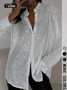 Women's Sequined Sheer Long Sleeve Button Shirt, Elegant Blouse for Parties & Daily Wear, Stylish Women's Clothing