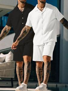 Men's Solid Short Sleeve Shirt & Shorts Set, Loose Casual Summer Outfits Set for Beach Vacation, Men Clothes for Daily Wear