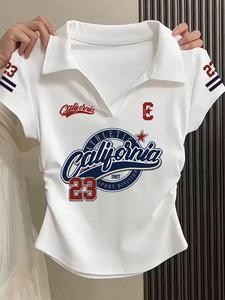 California 23 Print Polo Crop Top for Women, Y2K Aesthetic Collared V Neck Slim Fit Tops, Casual Short Sleeve Vintage Sporty Graphic Tees,Preppy Streetwear Tops,Daily Wear, School, Concert, Beach, Retro College Style for Teen Girls, Gen Z Fashion Lovers