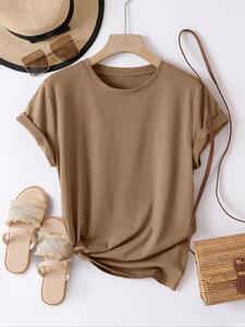 Women's Solid Color Round Neck Tee, Casual Basic Short Sleeve Crew Neck T-Shirt for Spring & Summer, Fashion Women's Crewneck Tshirt Top for Daily Wear, Camel Womenswear