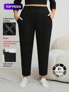 【Plus Size】 Solid Plicated Pocket Elastic Waist Joggers, Casual Sporty High Waist Trousers for Women, Women's Sportswear for Indoor Outdoor Wear