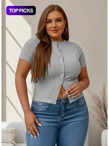 【Plus Size】 Solid Ribbed Short Sleeve Top, Casual Button Front Top for Summer, Women's Plus Clothing for Daily Wear