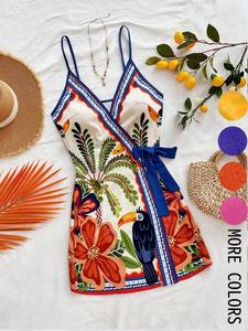 Women's Floral Print Cami Dress, Boho Sleeveless Spaghetti Strap Dress for Beach Holiday Vacation, Ladies Summer Clothes, Womenswear