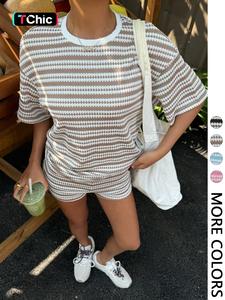 Women's Striped Loose Fit Short Sleeve Top & Elastic Waist Shorts Set, Casual Home Wear Suit, Comfortable Daily Cozy Set
