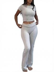 Women's Solid Crop Tee & High Waist Flare Leg Pants Set, Co Ord Set Summer, Casual Short Sleeve Round Neck Tee & Bell Bottom Trousers For Summer, Summer Clothes, Ladies Clothes For Daily Wear