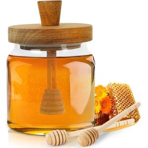 Honey Pot with Dipper & Lid, 1 Count Glass Honey Jar with 2 Wooden Honey Dippers Stick, Airtight Syrup Dispenser for Home Kitchen, Honey Container