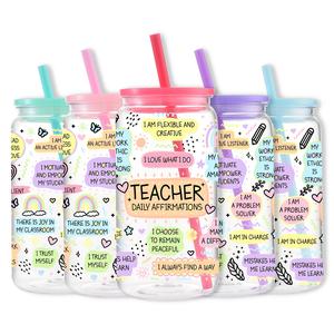 Teacher Daily Affirmations Plastic Mason Cup, 16oz/500ML Water Bottle with Lid & Straw, Summer Cool Bottle, Teacher Appreciation Gifts, Tumbler