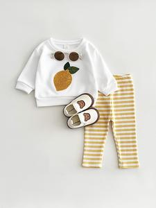Baby's Lemon Pattern Sweatshirt & Elastic Waist Pants Two-piece Set, Casual Round Neck Long Sleeve Pullover & Striped Print Trousers, Infant Toddler Kids Spring & Fall Clothes