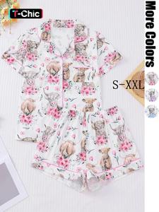 Women's All Over Cow Print Contrast Trim Shirt & Elastic Waist Shorts Pajama Two-piece Set, Casual Comfy Short Sleeve Collared Top & Shorts PJ Set, Ladies Sleepwear for All Seasons