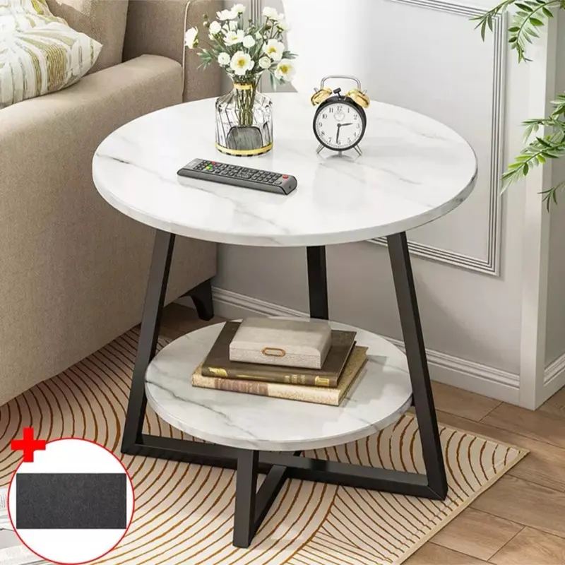 Round 2 Tier Coffee Table Side Table White Marble Effect End Table Living Room