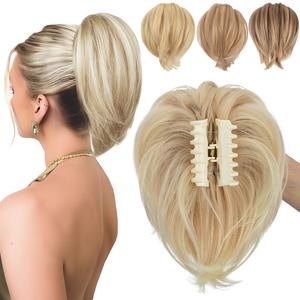 Ponytail Extension Claw Clip in Hair Piece Short 8" Straight Messy Hair Bun Natural Synthetic Fake Pony Tail Bendable Style for Women
