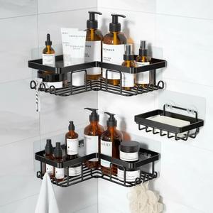 Corner Shower Shelf, 2pcs Stainless Steel Shower Caddy & 1 Piece Soap Holder, Bathroom Corner Storage Rack With Hook, Punch-free Wall Mounted Shower Rack, Bathroom Organizer