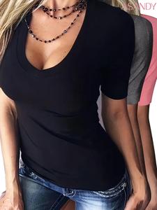 Women's Plain Deep V Neck Tee, Casual Chic Short Sleeve T-Shirt for Summer, Ladies Clothes for Daily Wear, Womenswear