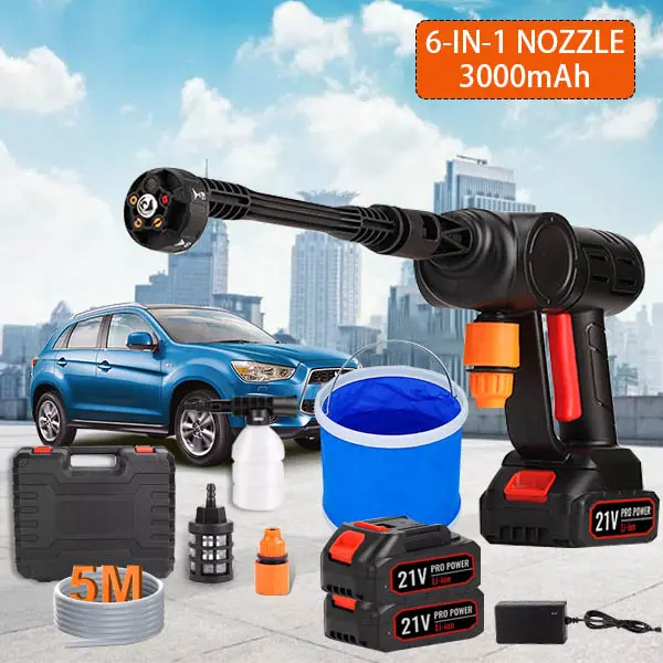 6IN1 Cordless Car High Pressure Washer + 2 Battery:21V Portable Cordless Jet Wash Car Washer with Charger and Accessories Foam Generator Nozzle Water Pump 5M Hose Carwashingmachine Carwashingtool Watergun Water Jet