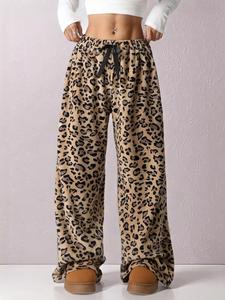 Women's Leopard Print Bow Decor Elastic Waist Wide Leg Pants, Baggy Soft Fit Comfy Fabric Casual Fashion Loose Trousers Girl for Daily Wear, Fashionable Ladies Bottoms for Fall & Winter, Baggy Trousers, Womenswear, Trendy Casual Pants