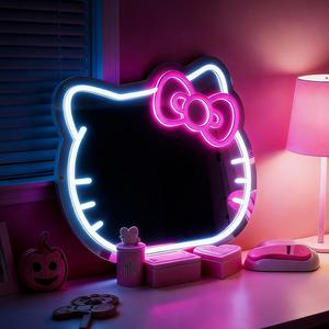 Cat Neon LED Wall Mirror, Lighted Mirror, Adjustable Light Decorative Item, Bedroom Makeup Room Decoration, Ideal Gift for Teen Girls and Kids