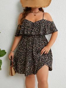 【Plus Size】 Ditsy Floral Print Cold Shoulder Ruffle Trim A Line Dress, Boho Romantic Short Dress Ladies Dresses, Dress in Club, Summer Dresses 2025