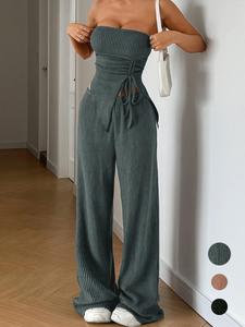Women's Solid Tube Top & Wide Leg Pants Two-piece Set, Casual Basic Fashion Cozy Two Piece Outfits for Daily Outdoor Wear, Ladies Clothes for Summer